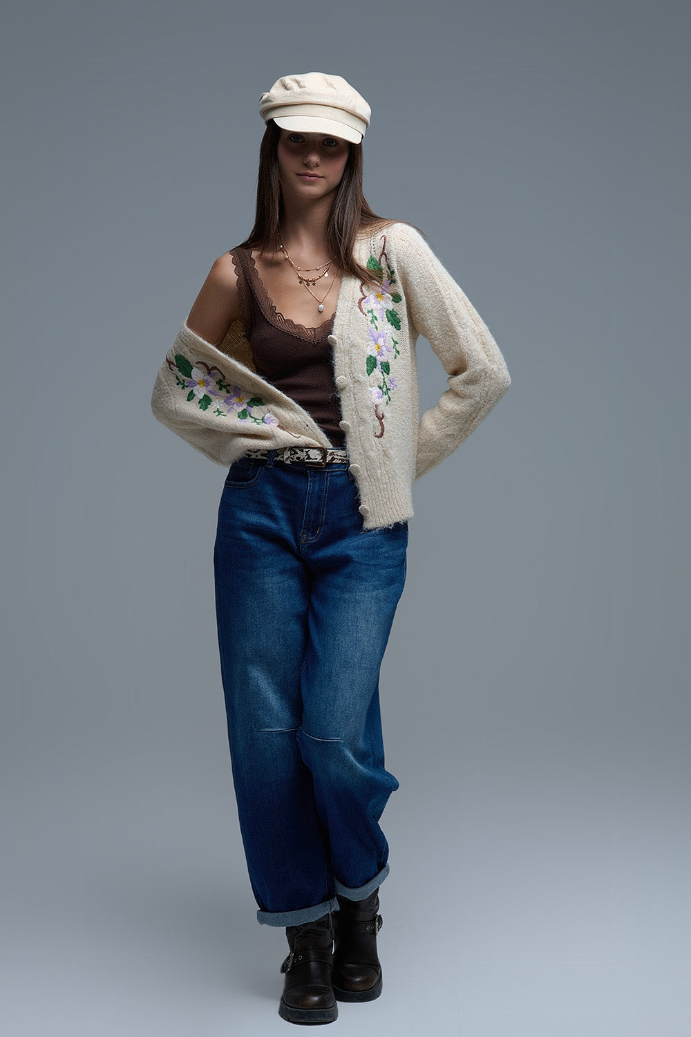 Cable Knit Beige Cardigan With embroidered Flowers