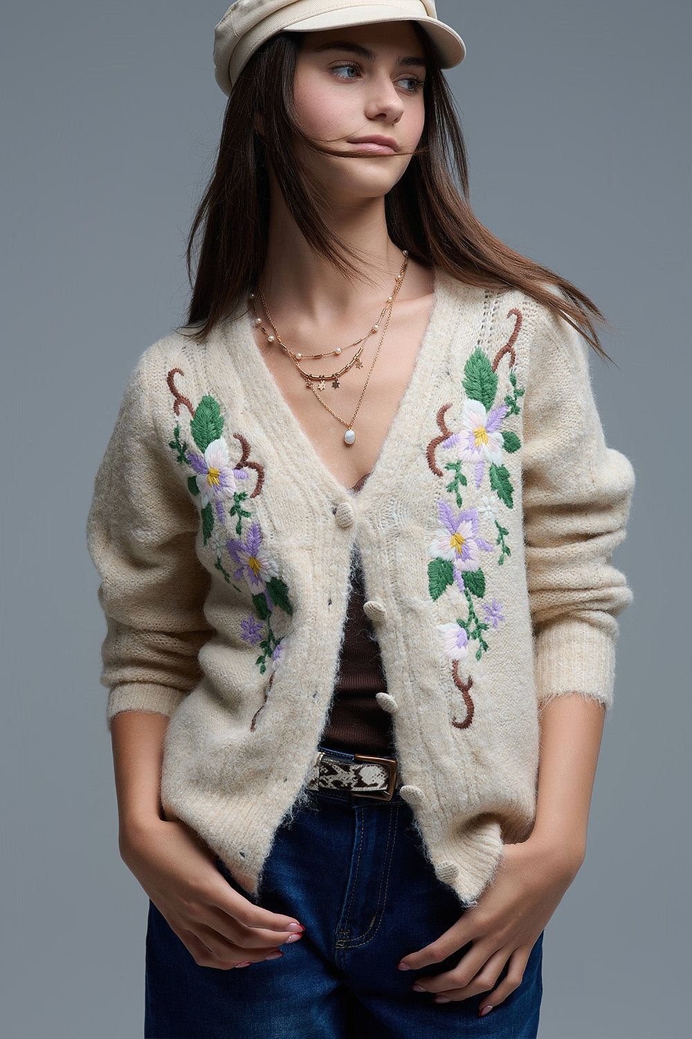 Q2 Cable Knit Beige Cardigan With embroidered Flowers