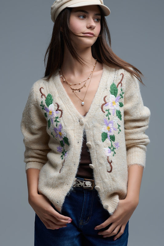 Q2 Cable Knit Beige Cardigan With embroidered Flowers