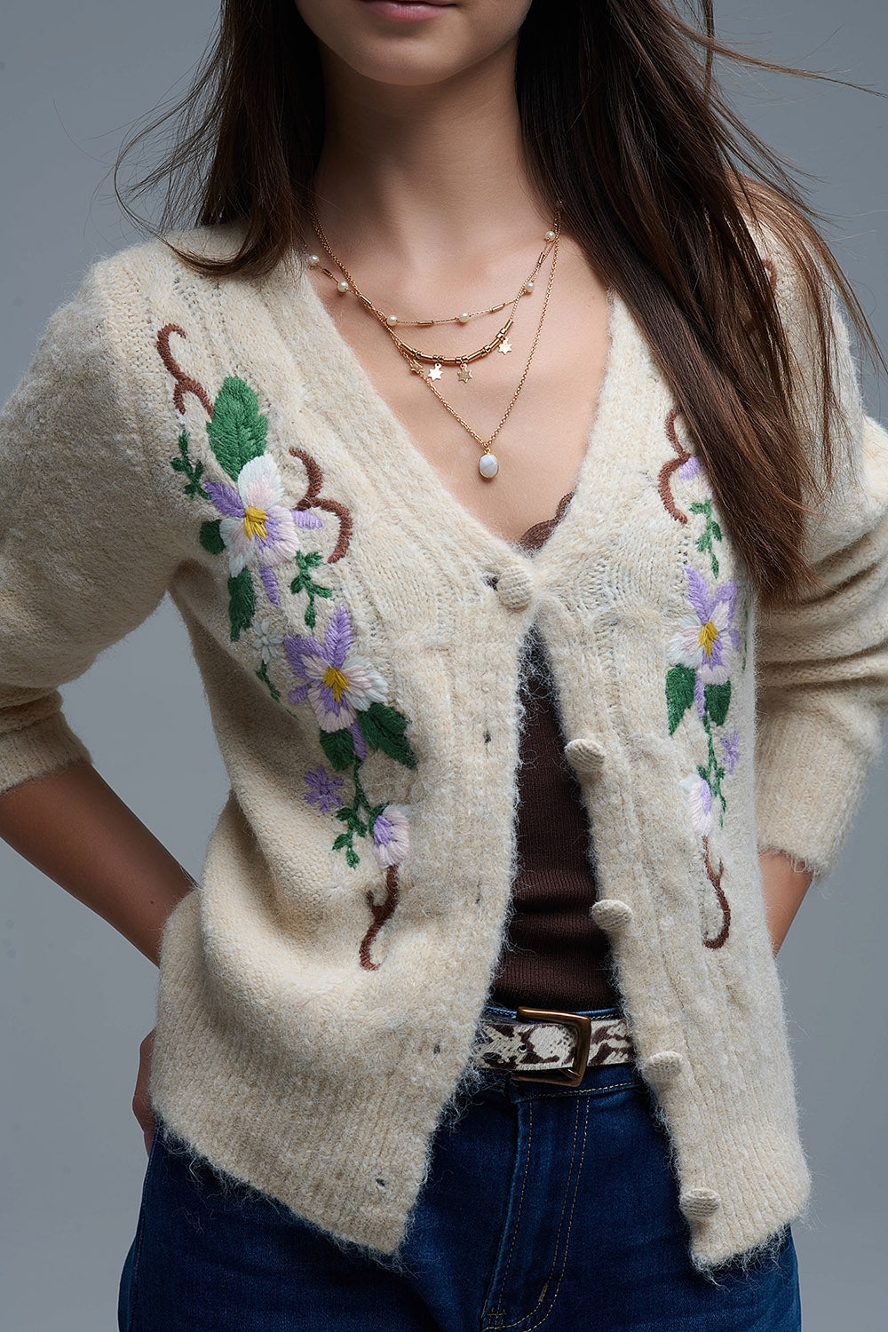 Cable Knit Beige Cardigan With embroidered Flowers