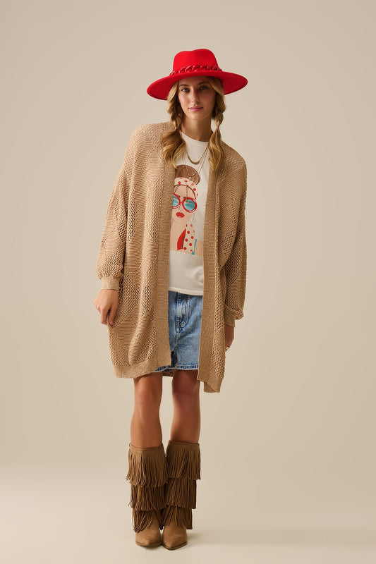 Q2 Camel Draped Cardigan With Crochet Design