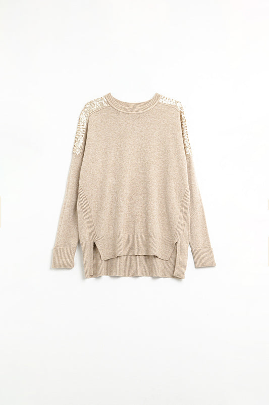 Q2 camel Long Sleeves Sweater With Sequins on The Shoulders
