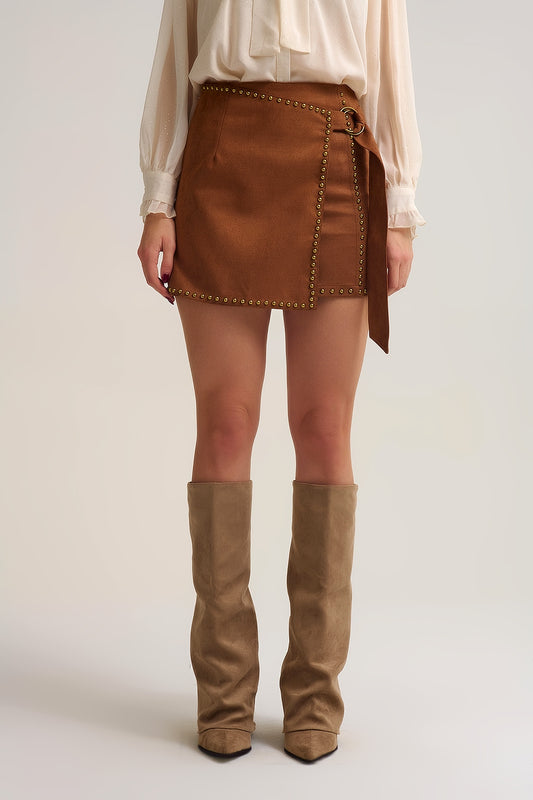 Q2 Camel Studded Wrap Mini Skirt with Belt Detail