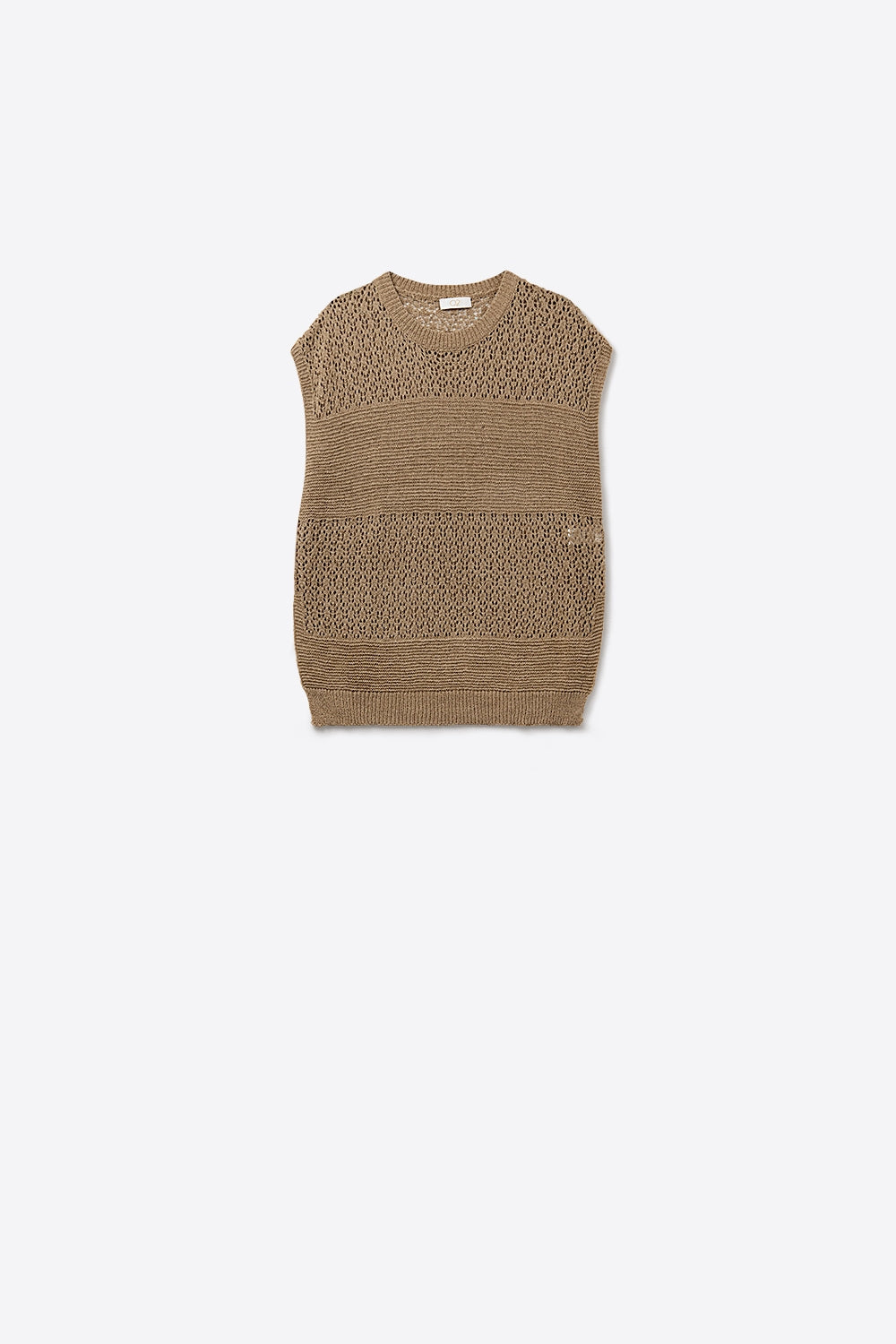 Q2 Camel sweater with soft open knit and dropped sleeves