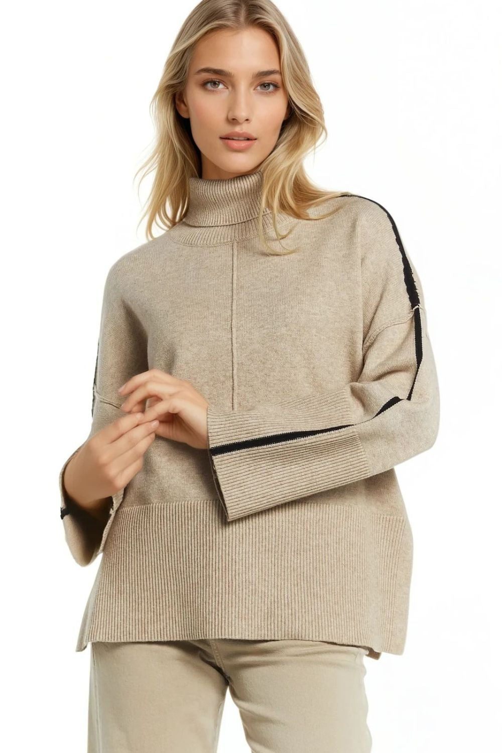 Q2 Camel turtleneck sweater with black side stripe