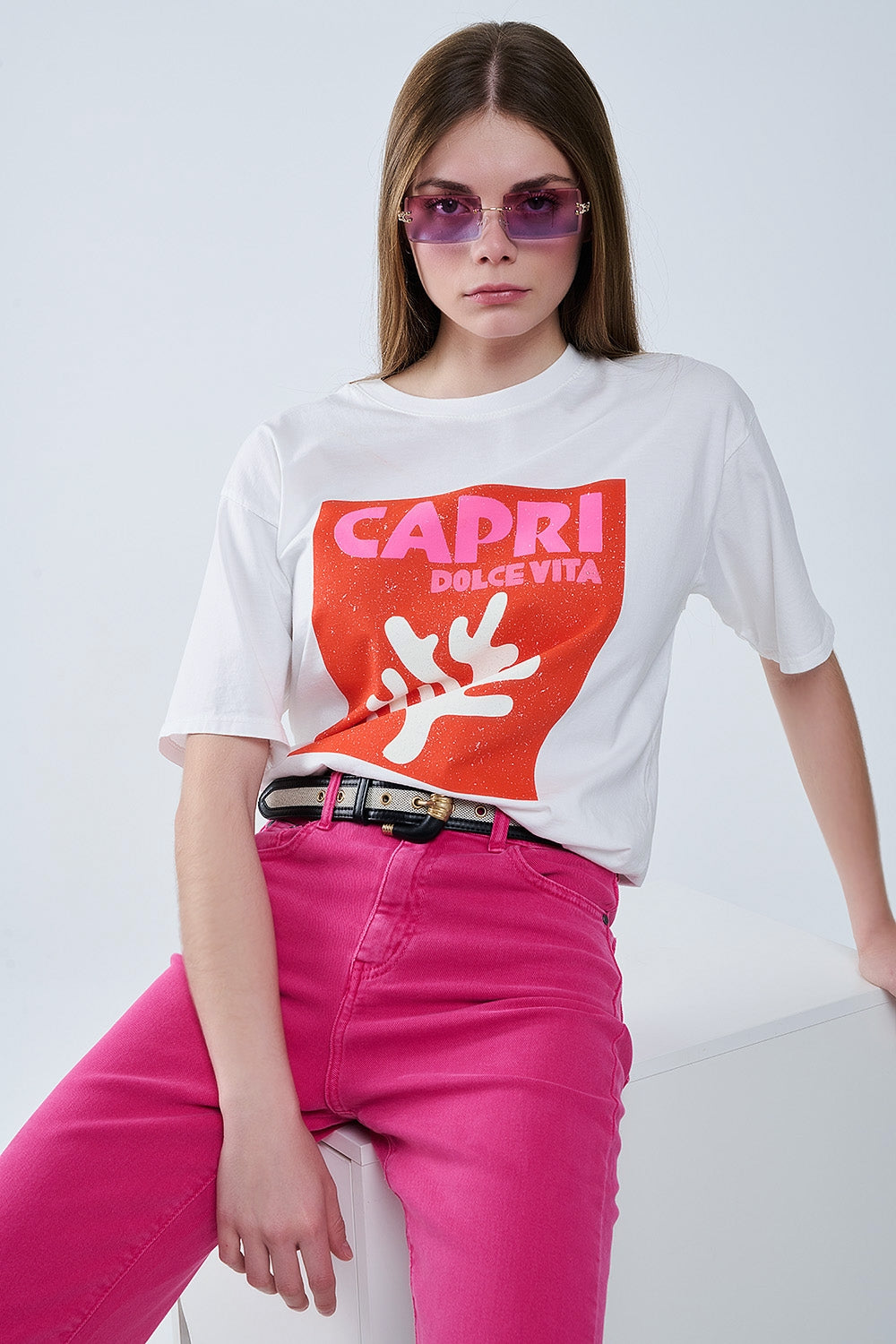 Q2 Capri La Dolce Vita White T-shirt With Graphic Print