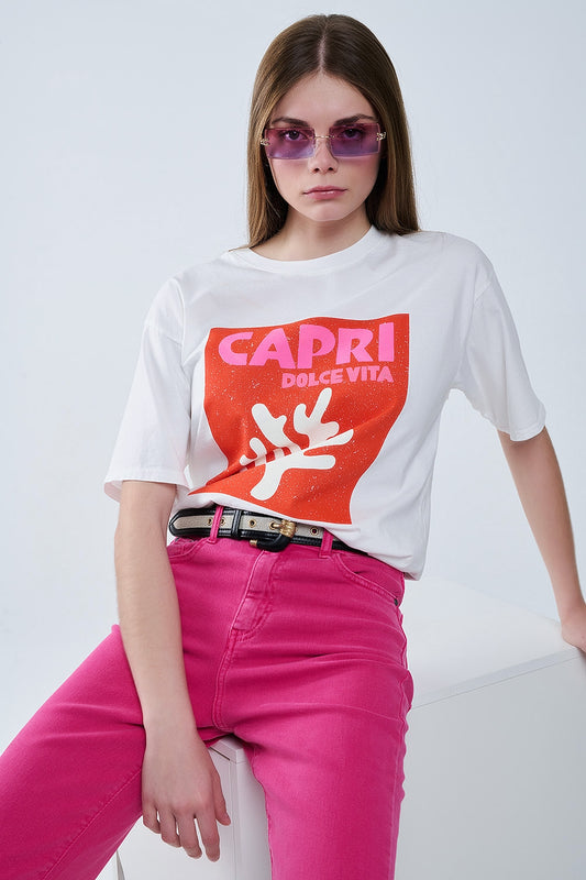 Q2 Capri La Dolce Vita White T-shirt With Graphic Print