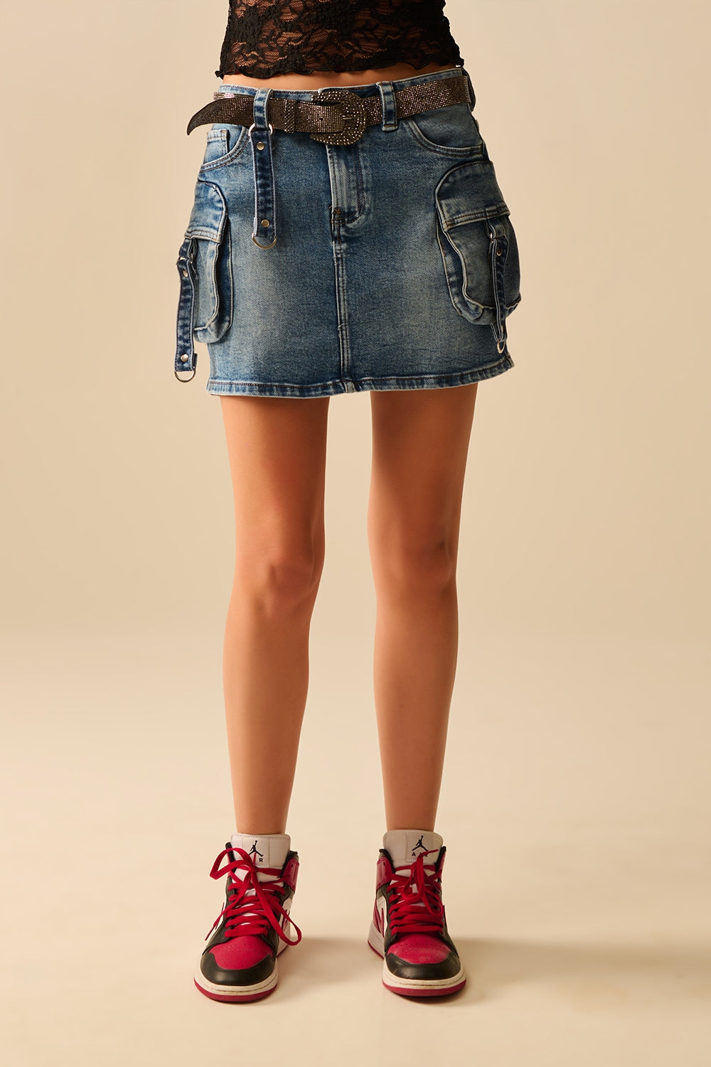 Q2 Cargo mini Denim Skirt with Hanging Details