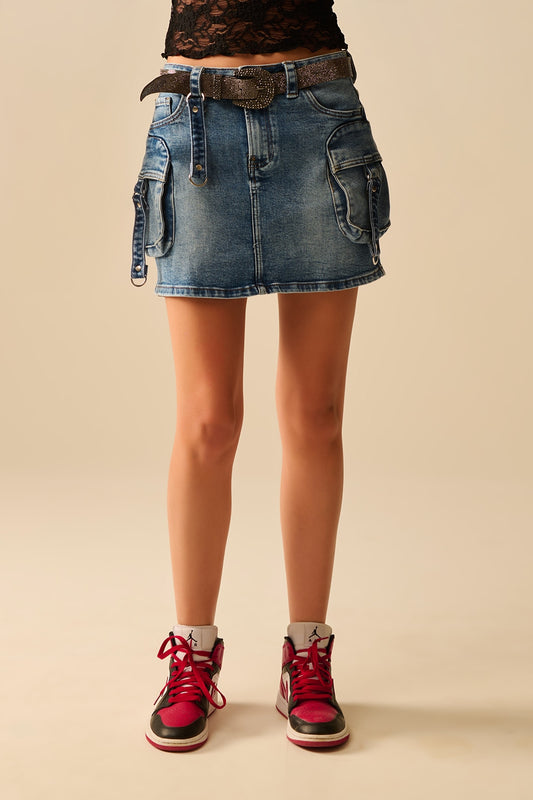 Q2 Cargo mini Denim Skirt with Hanging Details
