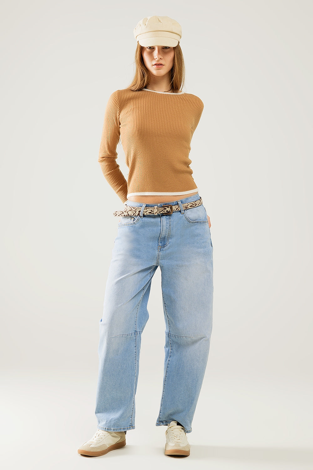 Casual camel Rib Swearer With white Trim detail