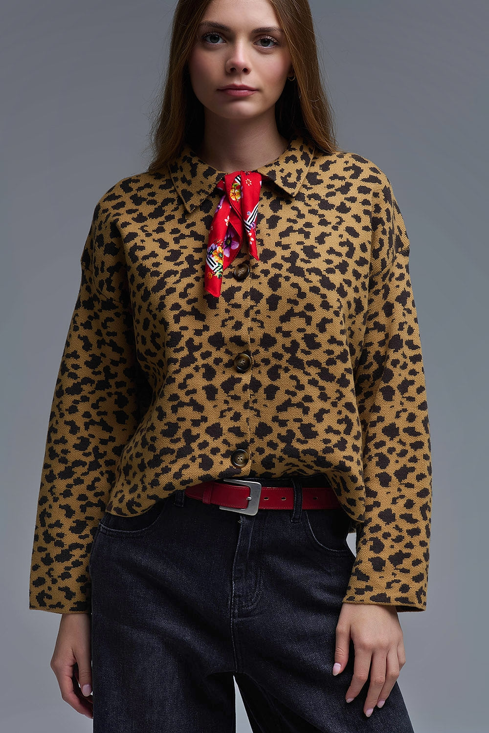 Cheetah Print Relaxed cardigan With Polo Collar