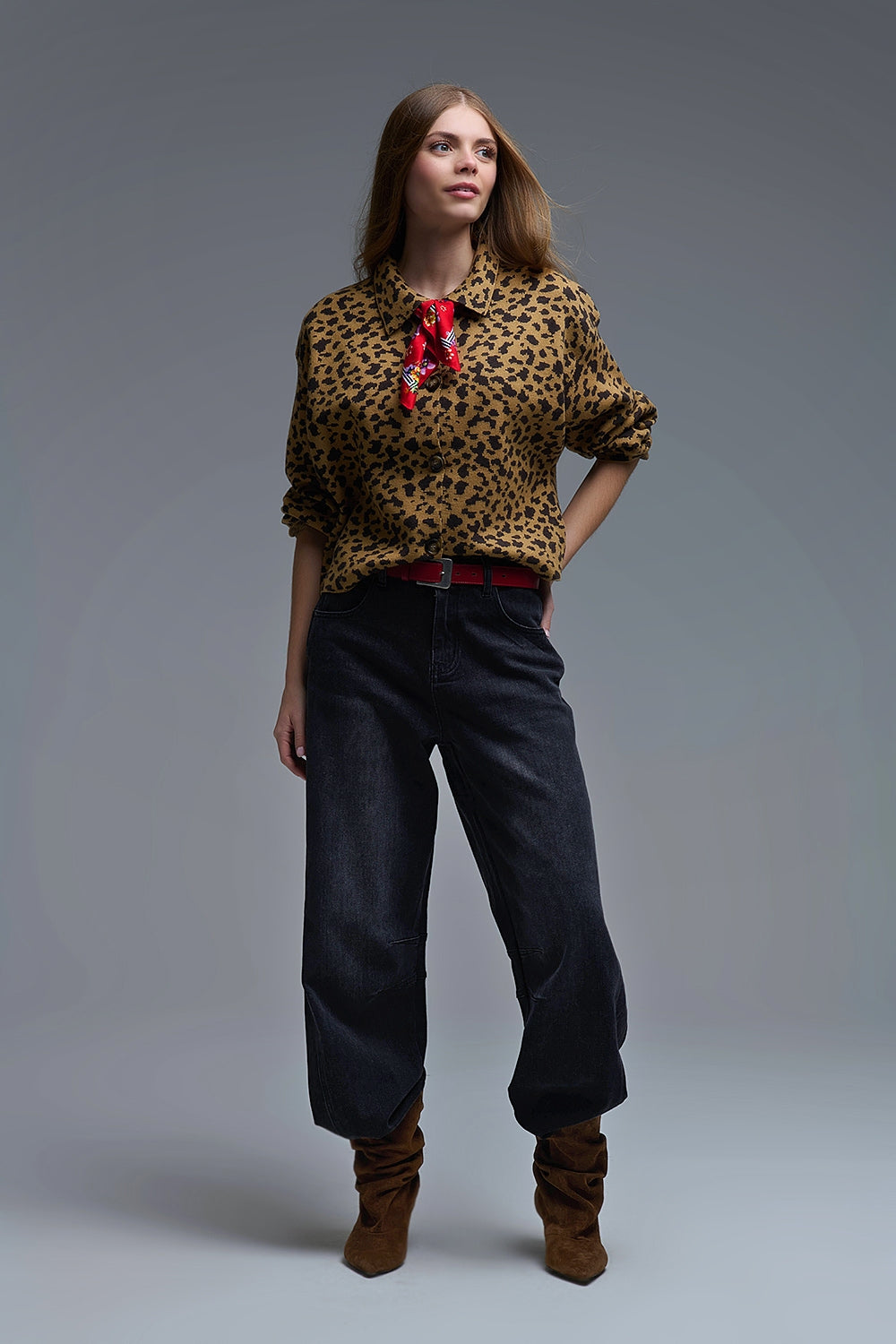 Cheetah Print Relaxed cardigan With Polo Collar