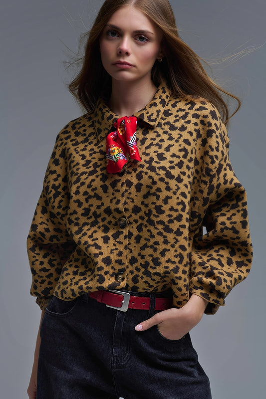 Q2 Cheetah Print Relaxed cardigan With Polo Collar