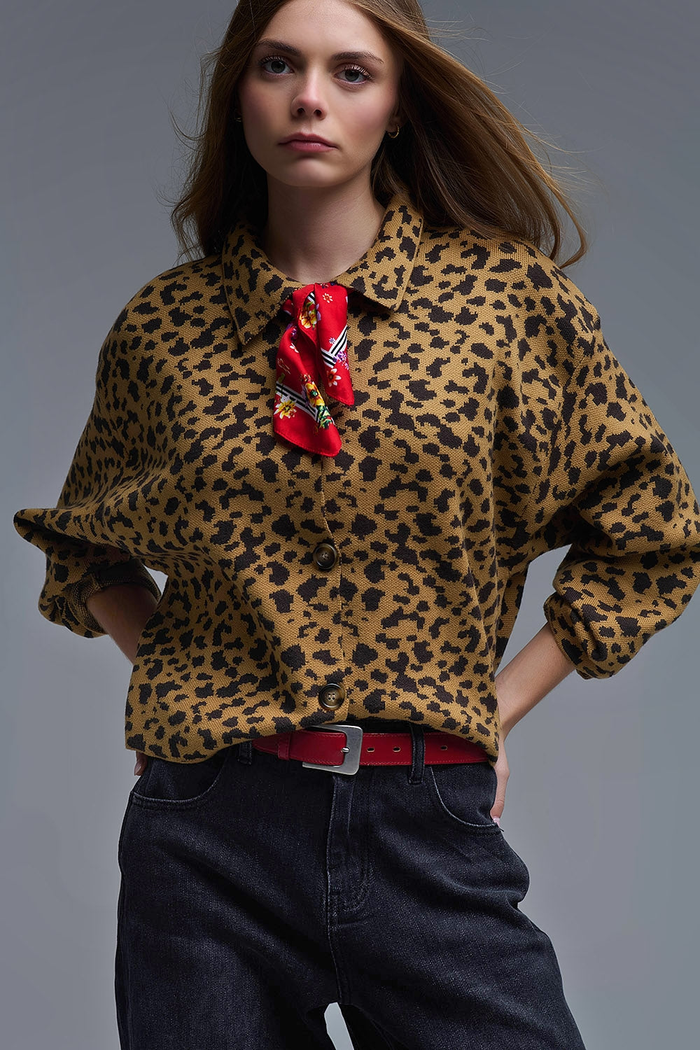 Cheetah Print Relaxed cardigan With Polo Collar