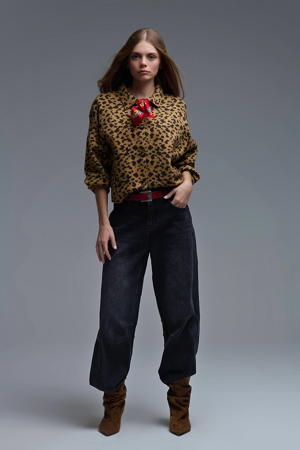 Cheetah Print Relaxed cardigan With Polo Collar