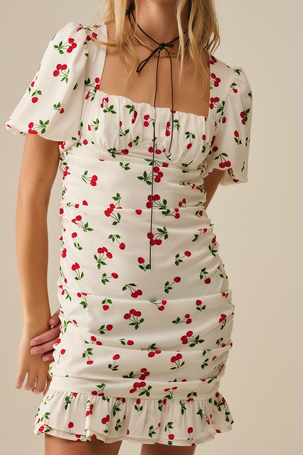 Cherry Puff Sleeve Mini Dress