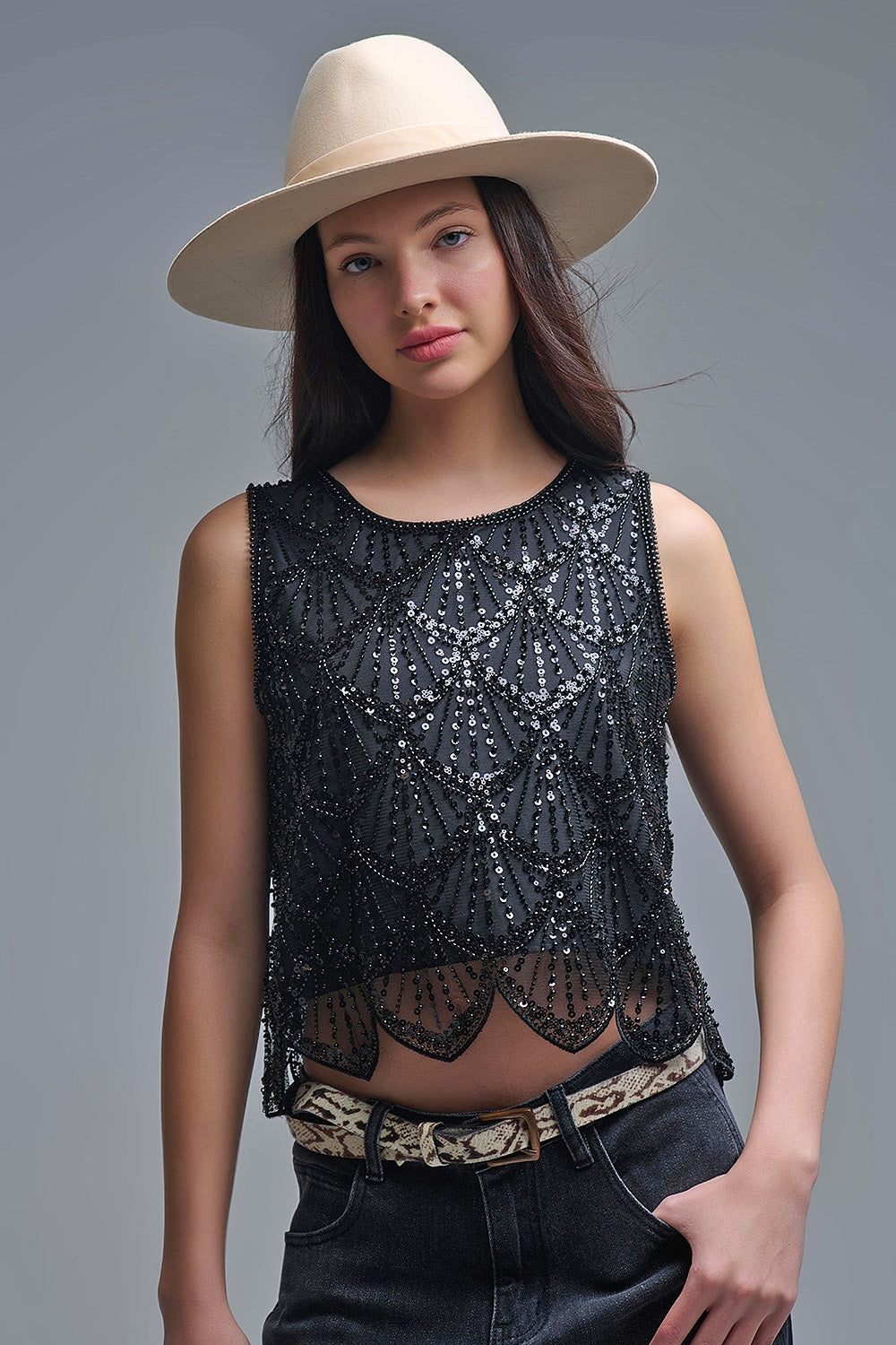 Q2 Chic Black Sequin Cropped Top