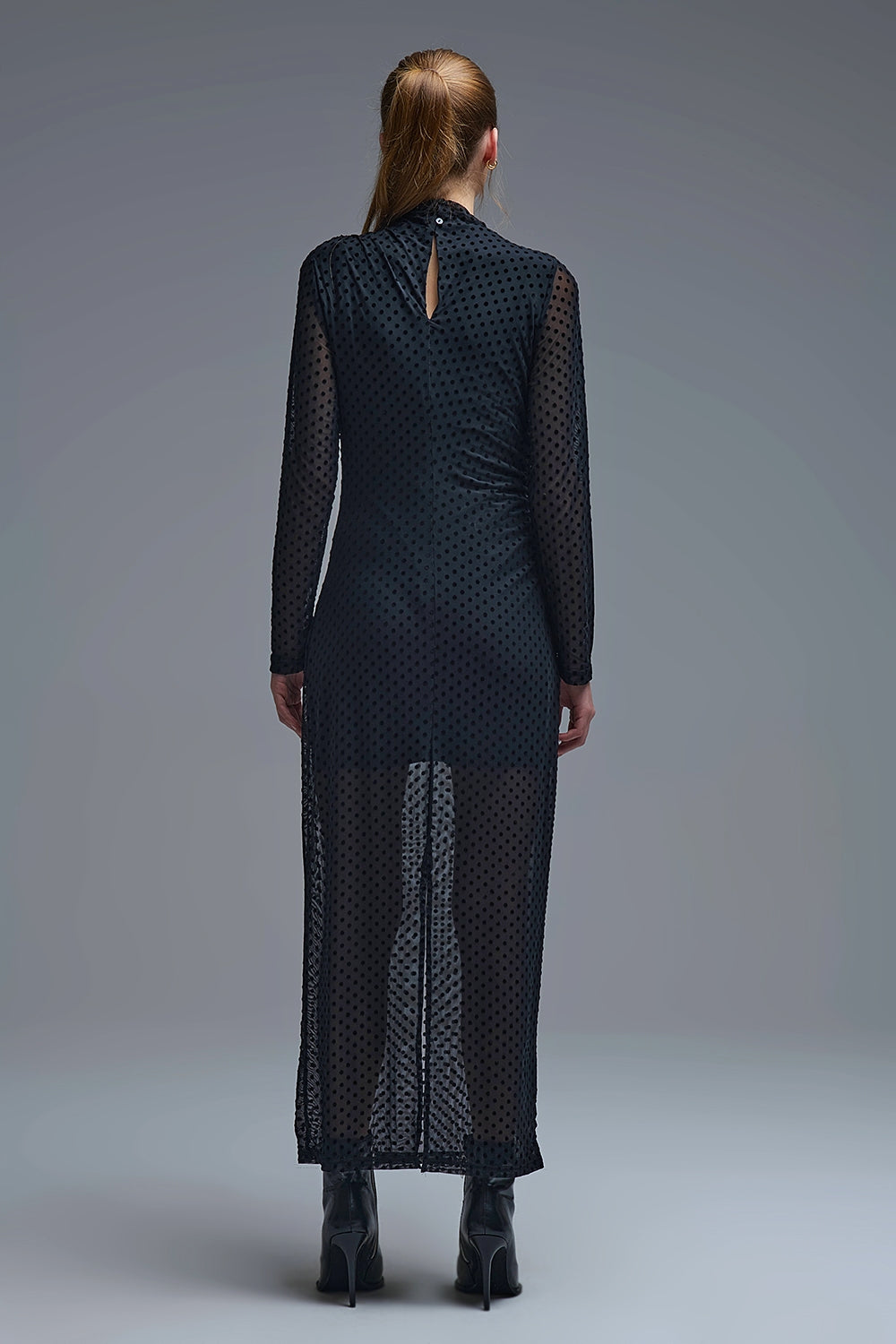 Chic Black Sheer Polka Dot Midi Dress