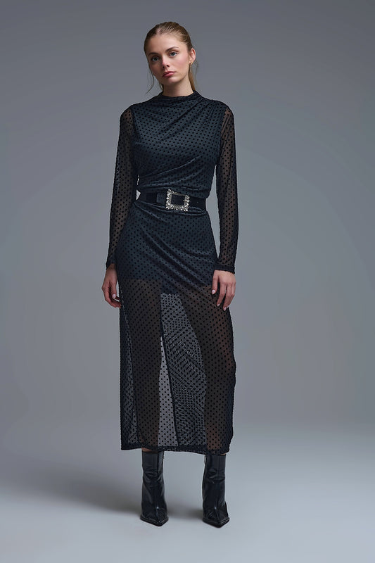 Q2 Chic Black Sheer Polka Dot Midi Dress