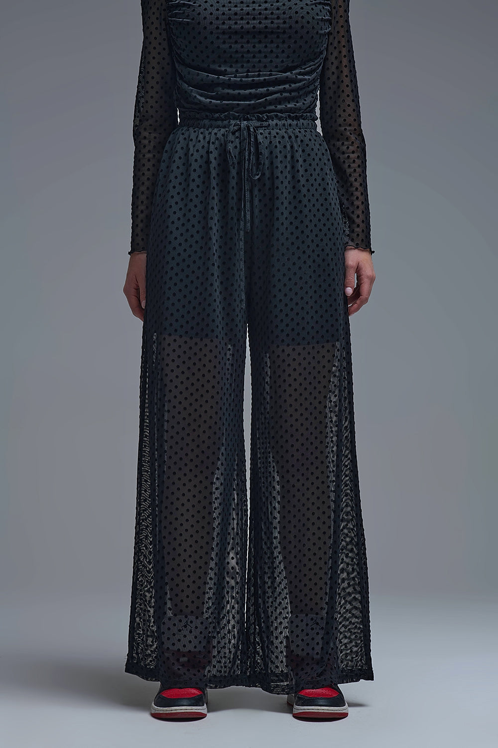 Q2 Chic Black Sheer Polka Dot Pants