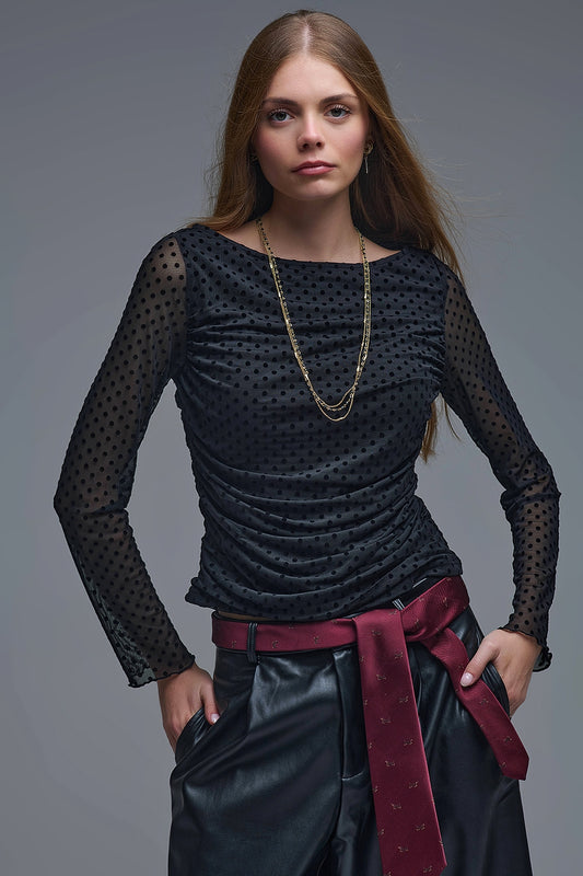 Q2 Chic Black Sheer Polka Dot Top
