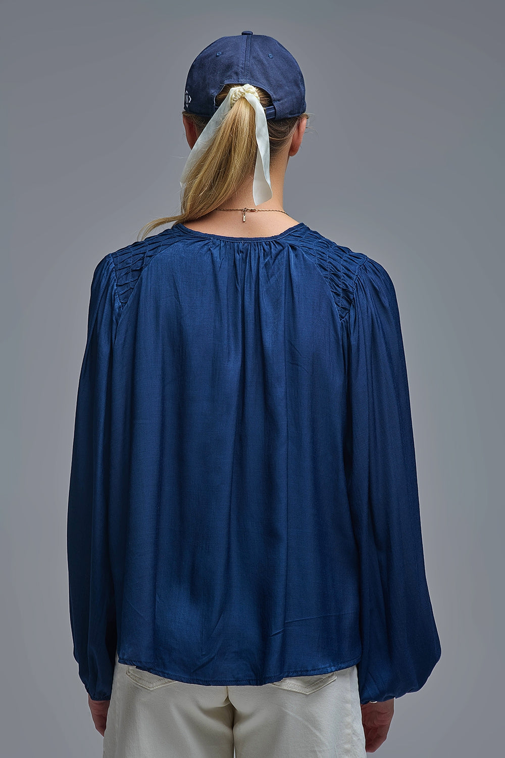 Chic Blue Satin Shirt with Lace