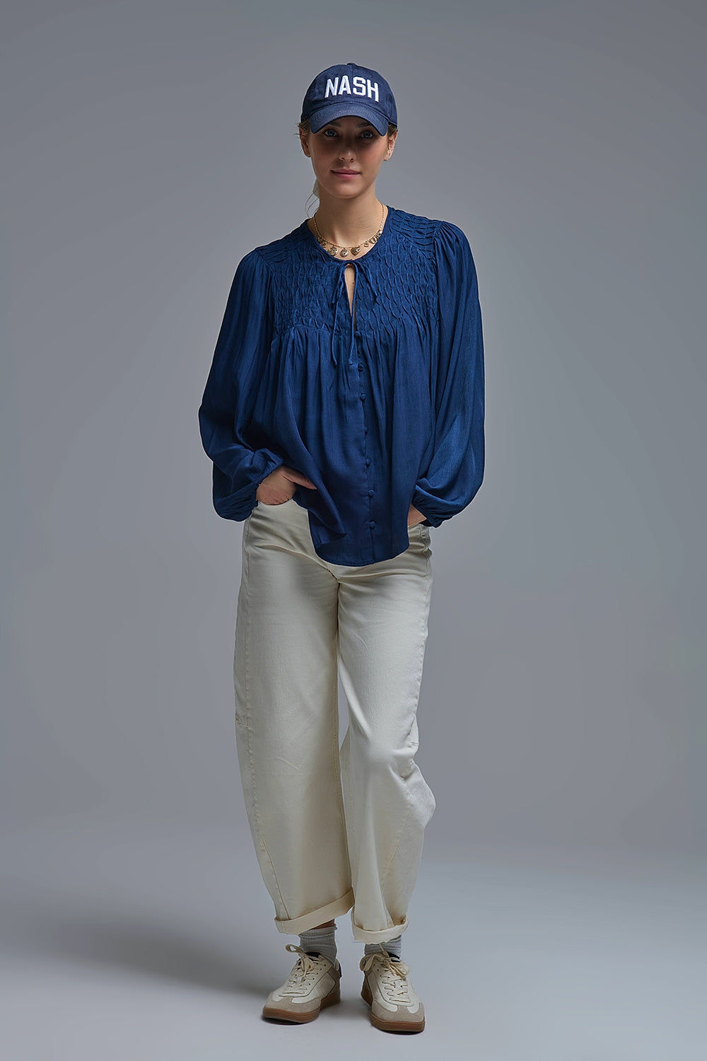 Chic Blue Satin Shirt with Lace