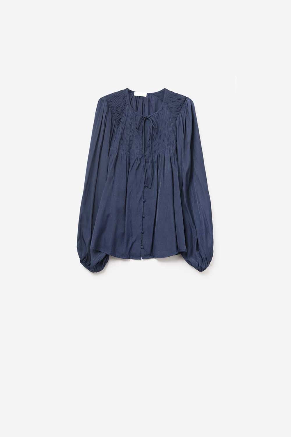 Chic Blue Satin Shirt with Lace