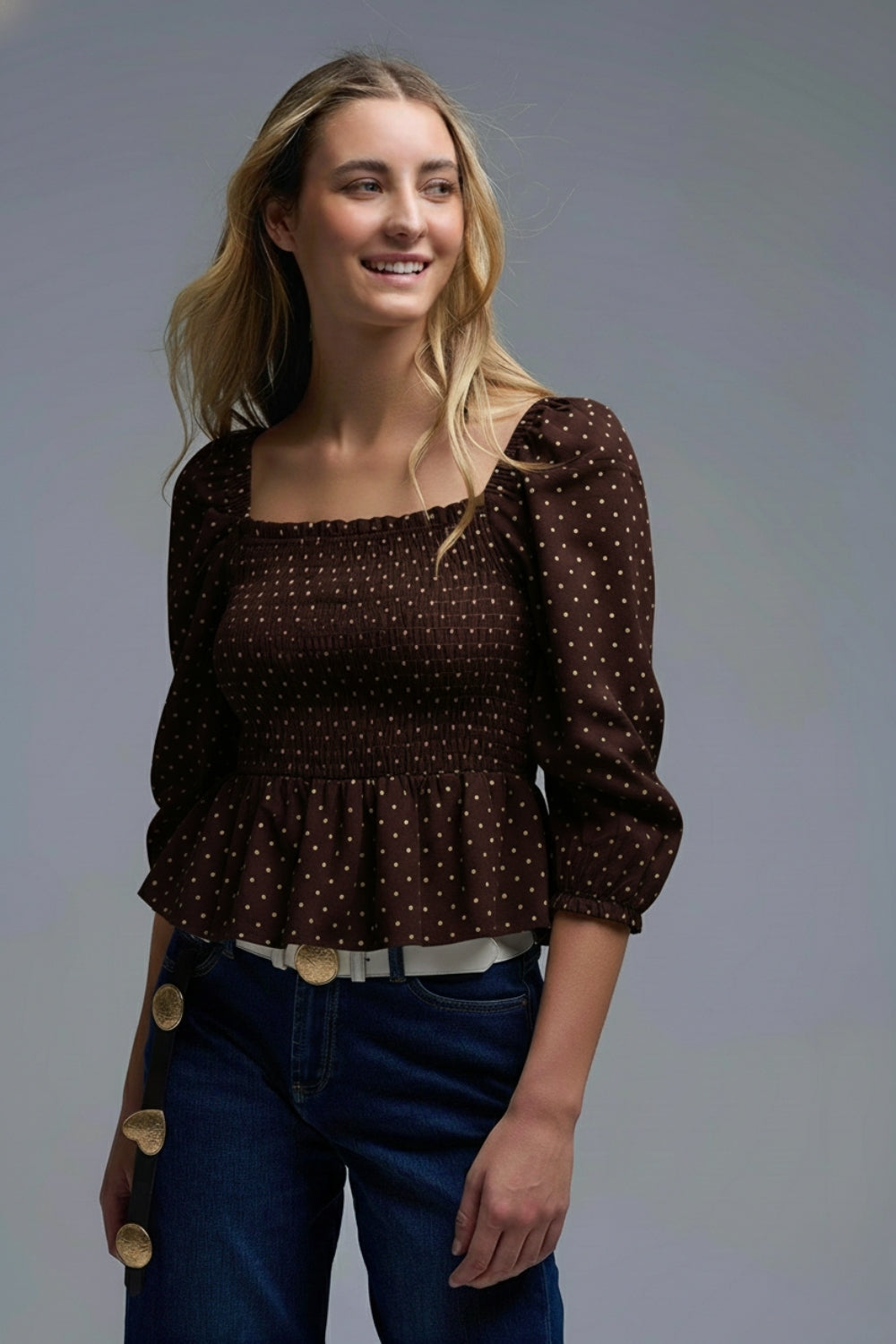 Chic Brown Polka-Dot Cropped Top fitted at the waist