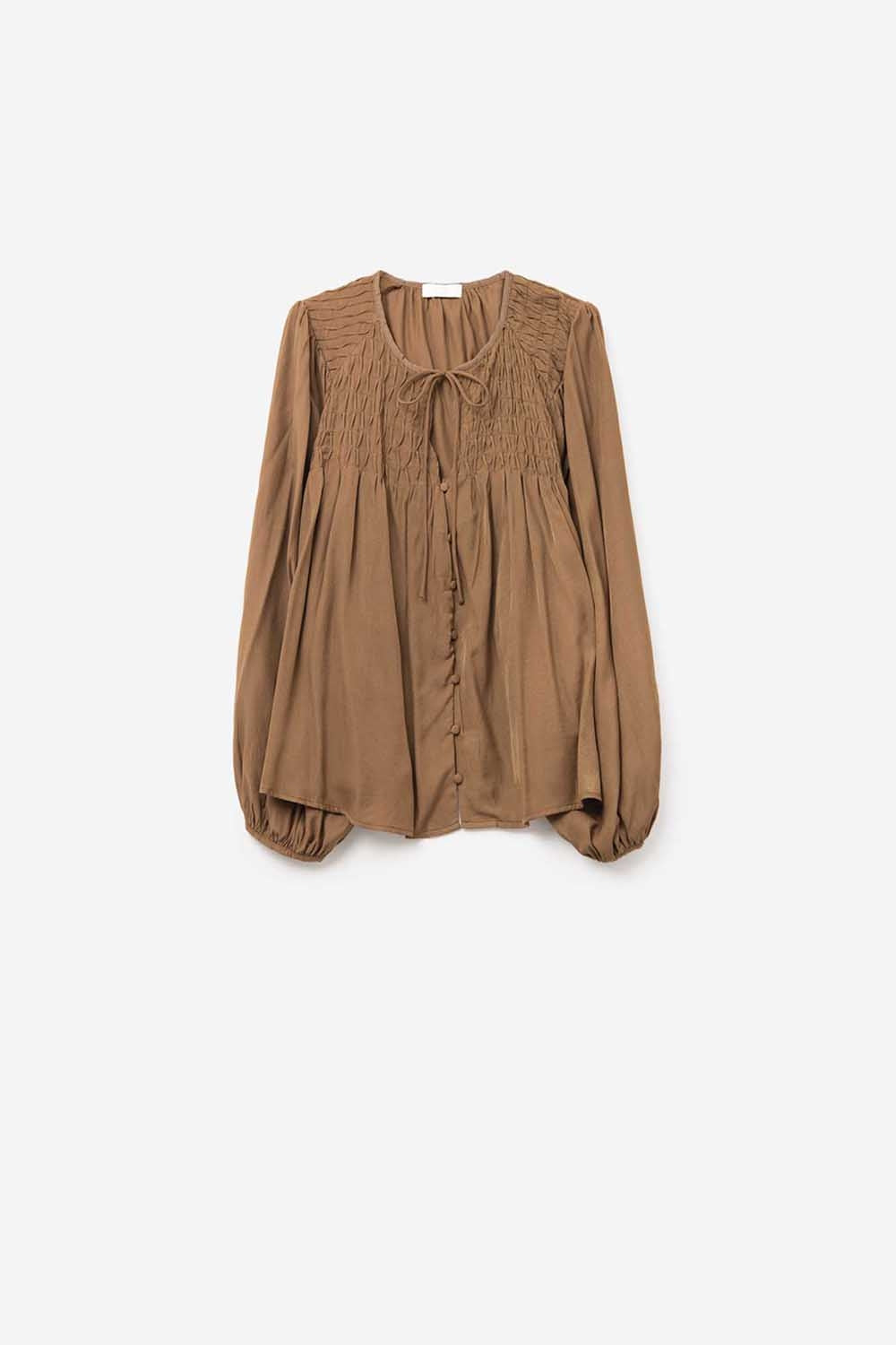 Chic Brown Satin Shirt with Lace