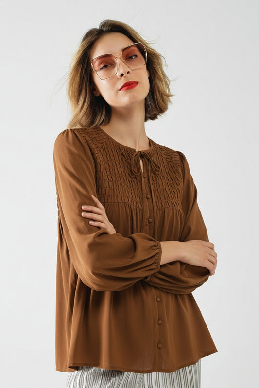 Q2 Chic Brown Satin Shirt with Lace