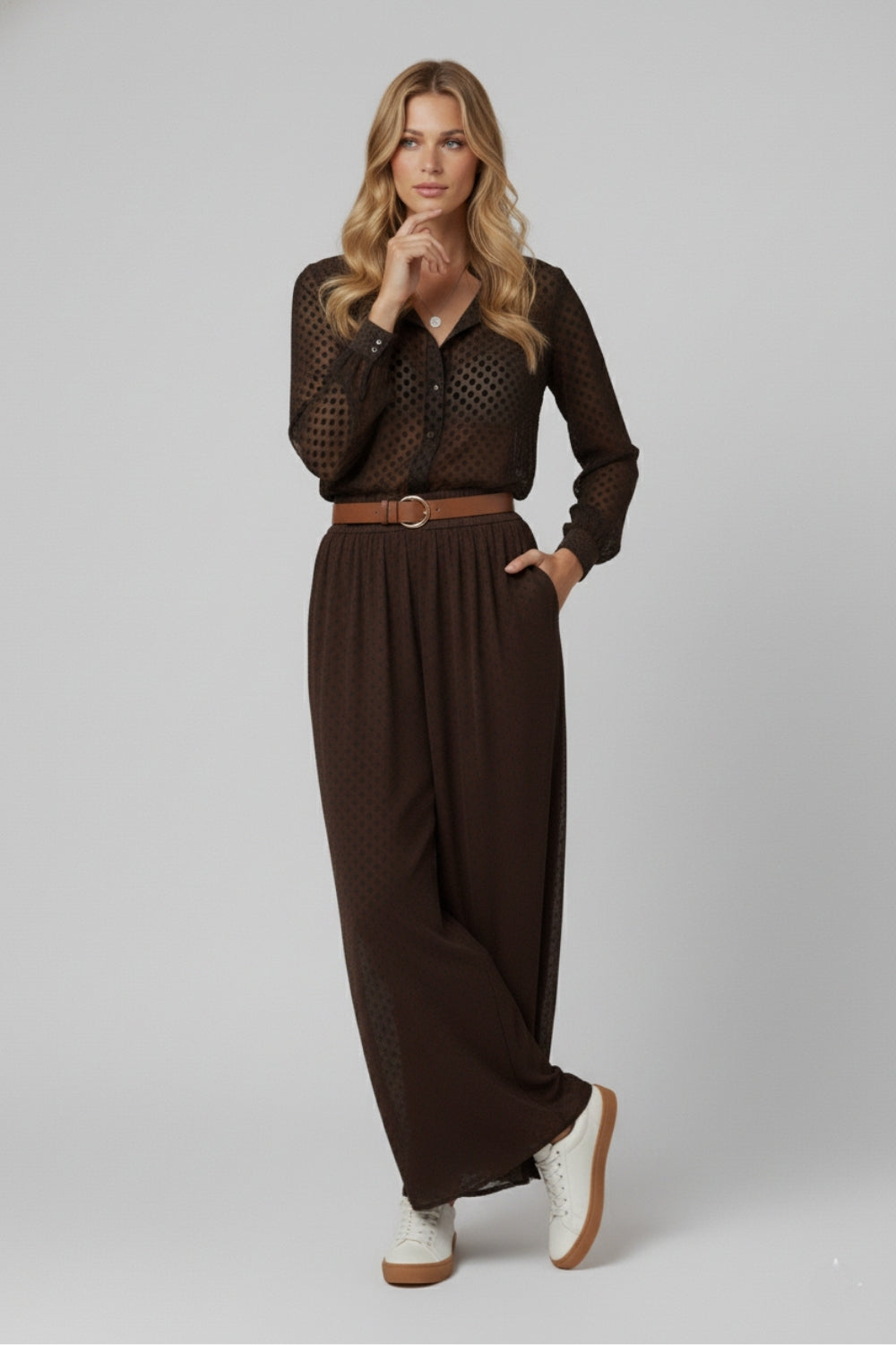 Chic Brown Sheer Polka Dot Pants with side pockets