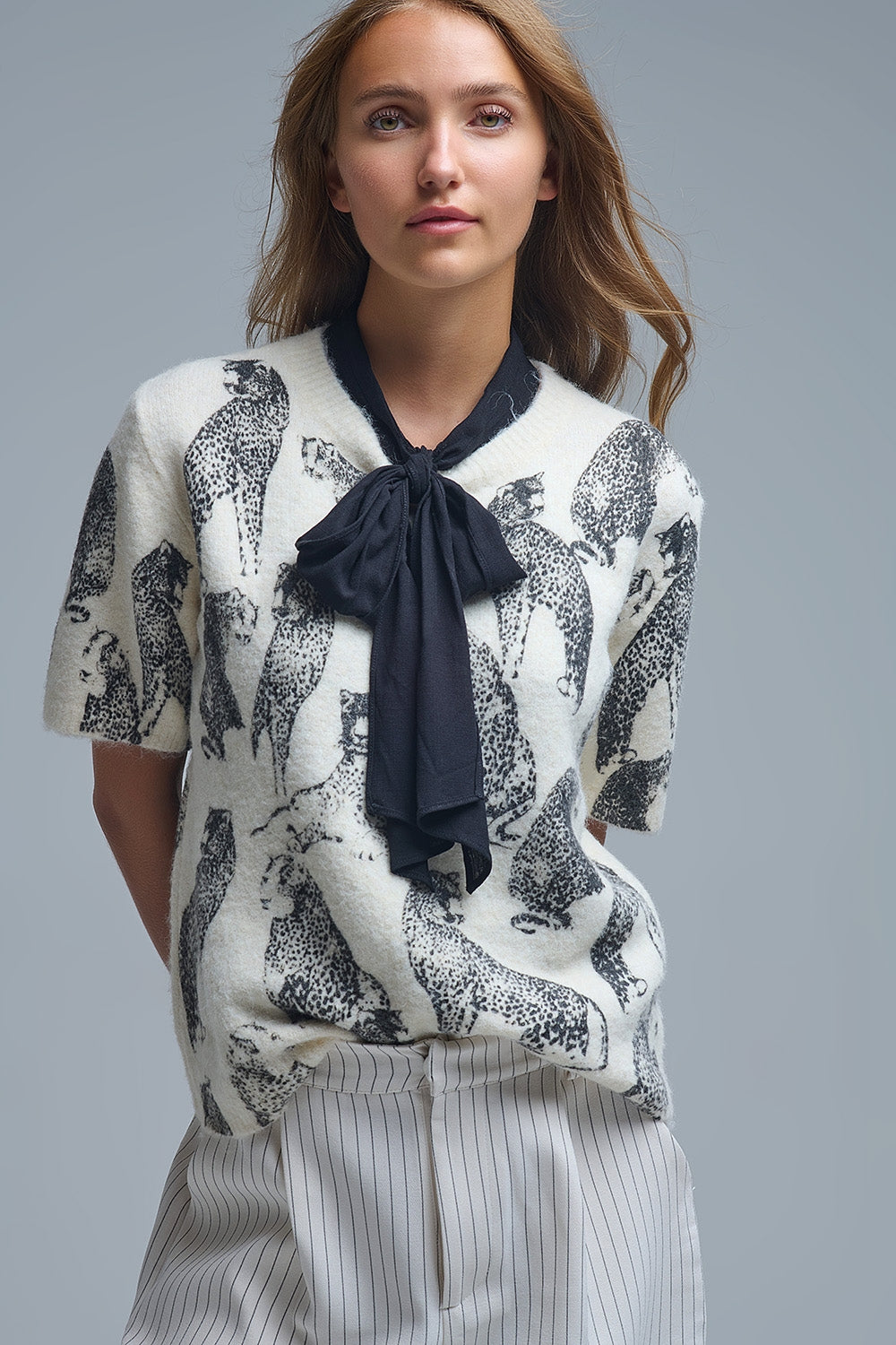 Q2 Chic Cream Animal-Print Short-Sleeve Sweater