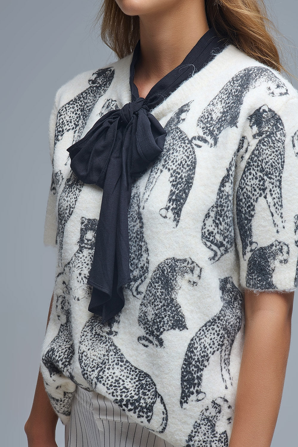 Chic Cream Animal-Print Short-Sleeve Sweater