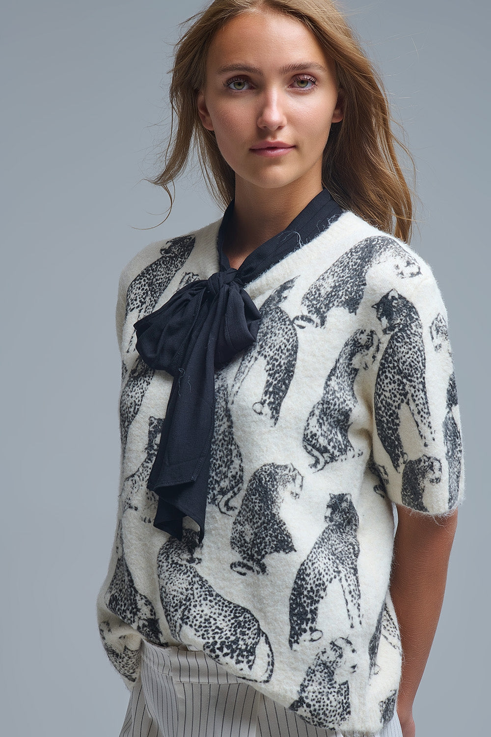 Chic Cream Animal-Print Short-Sleeve Sweater