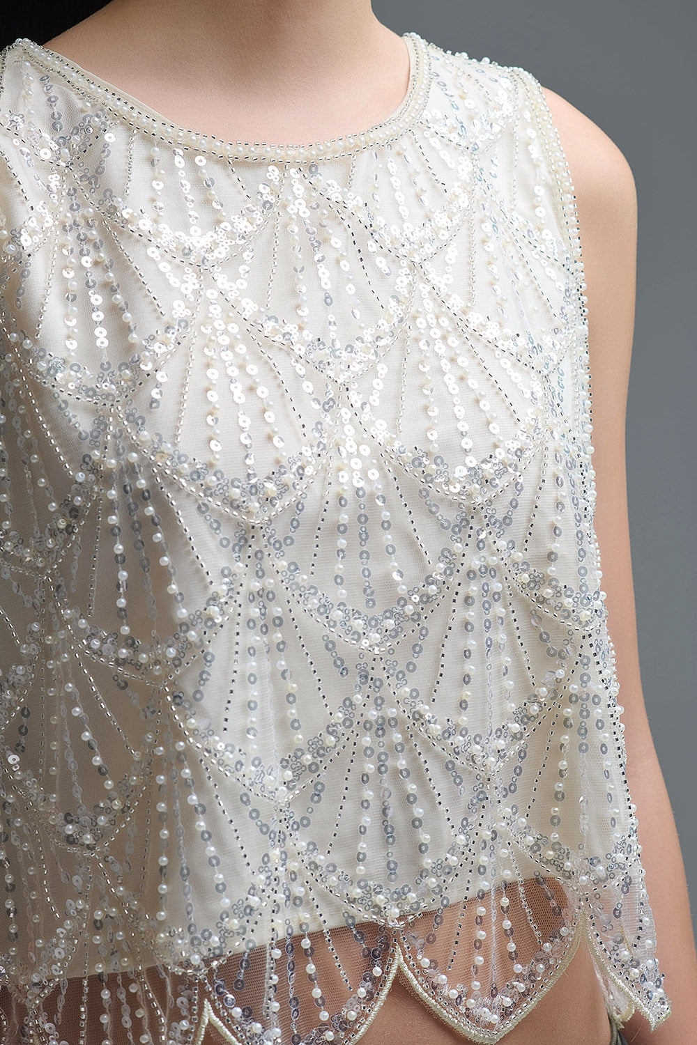 Chic Cream Sequin Cropped Top