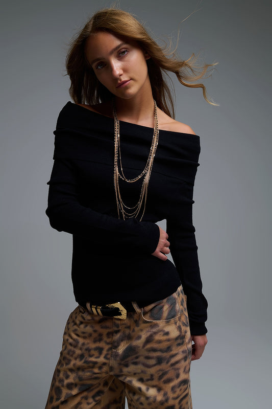 Q2 Chic Off-Shoulder boat neck Knit Top in black