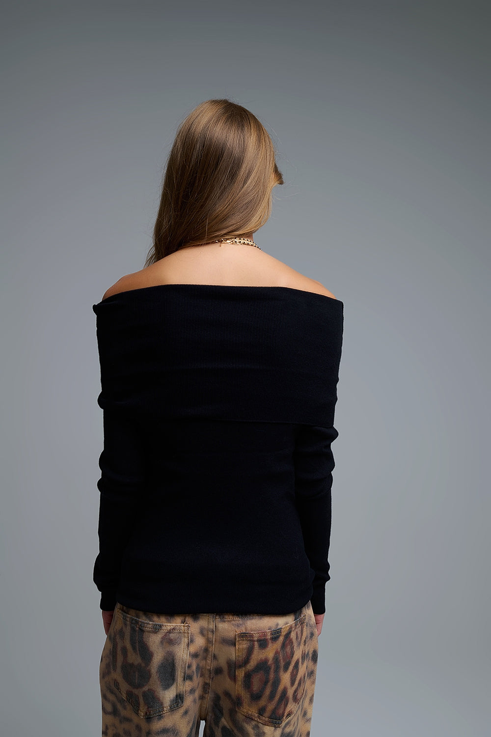 Chic Off-Shoulder boat neck Knit Top in black