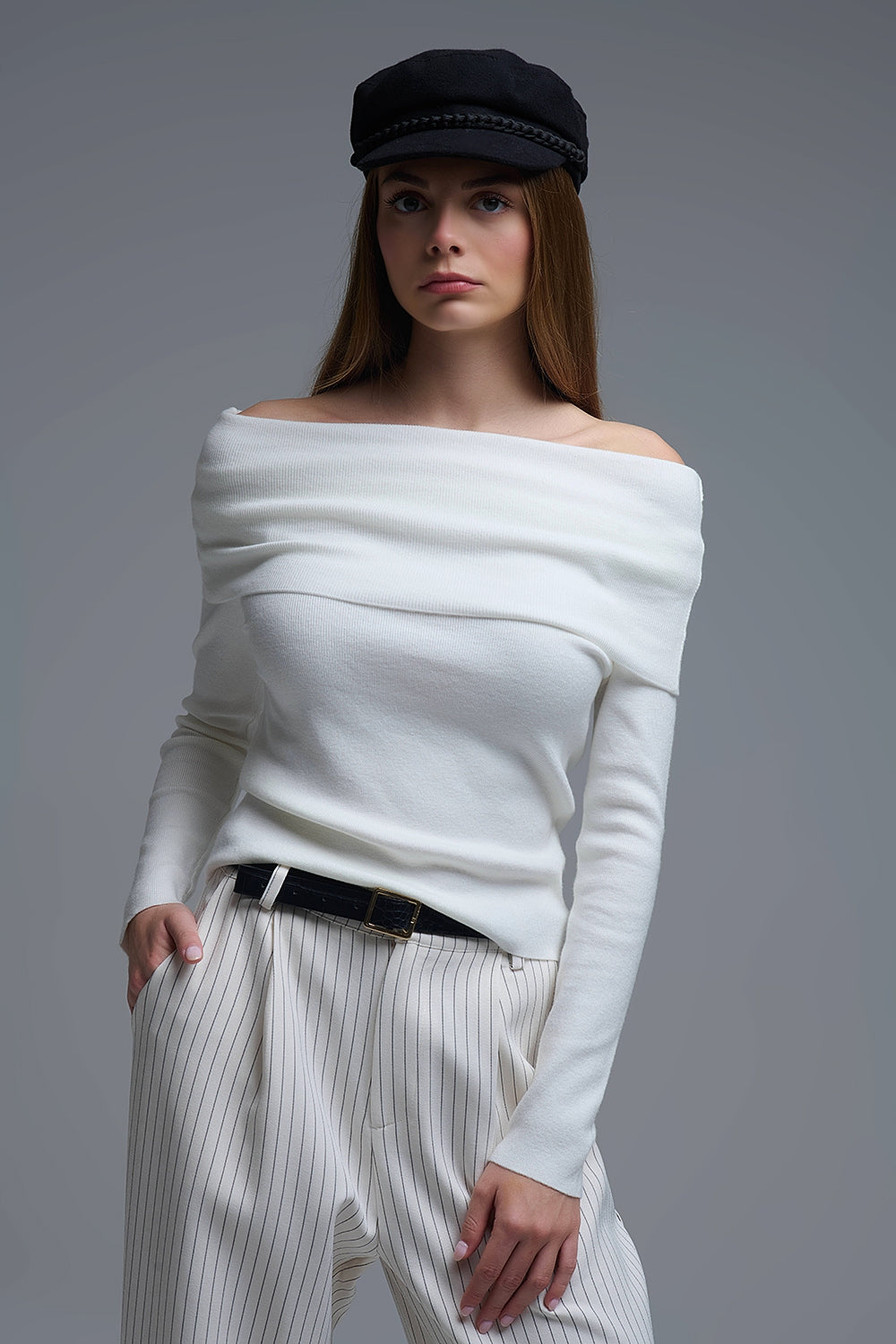 Q2 Chic Off-Shoulder boat neck Knit Top in white