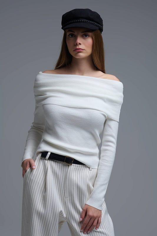 Q2 Chic Off-Shoulder boat neck Knit Top in white