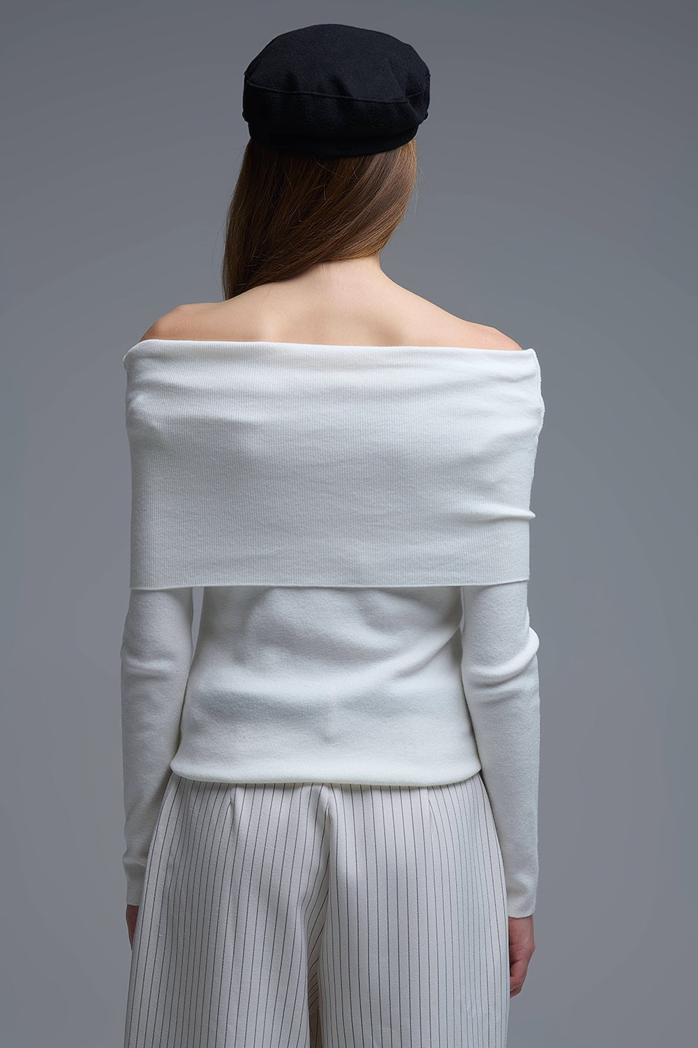 Chic Off-Shoulder boat neck Knit Top in white