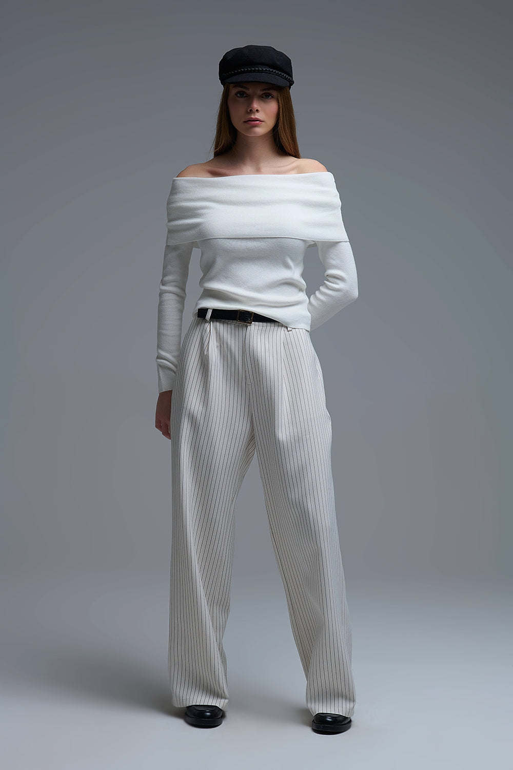 Chic Off-Shoulder boat neck Knit Top in white