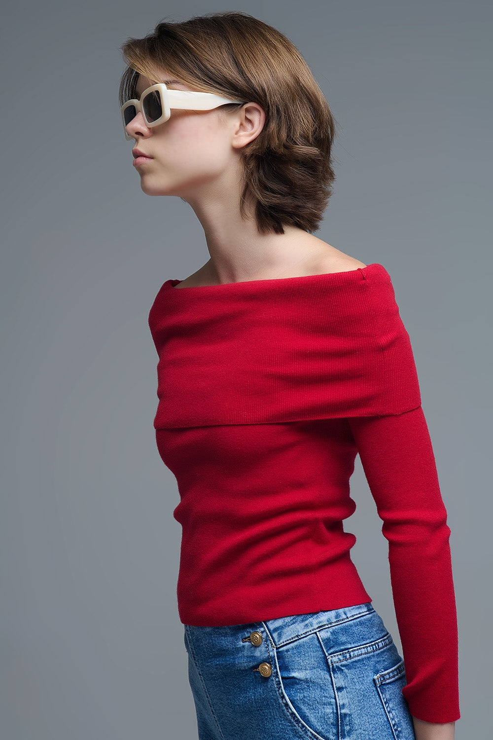 Q2 Chic Off-Shoulder Red Knit Top