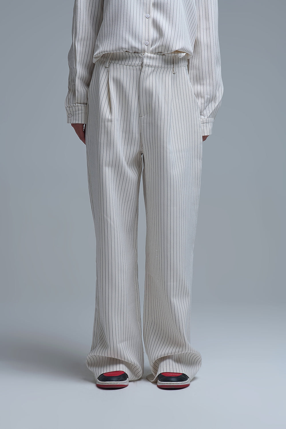 Q2 Chic Pinstripe Cream Wide-Leg Pants with Lined Fit