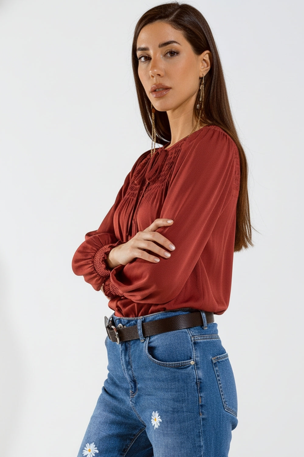 Chic Red Satin Shirt with Lace