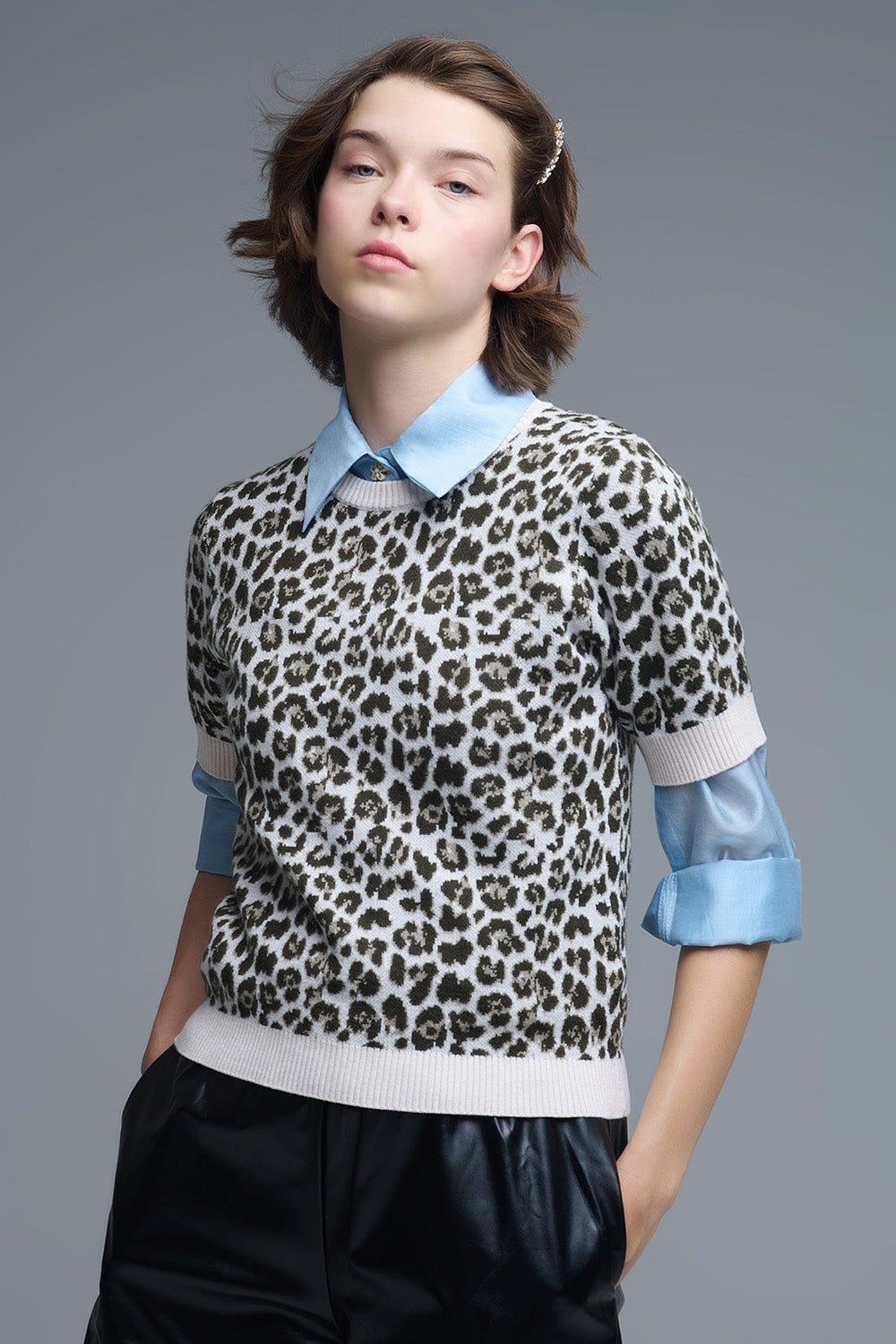Chic Short Sleeve Leopard Print Sweater