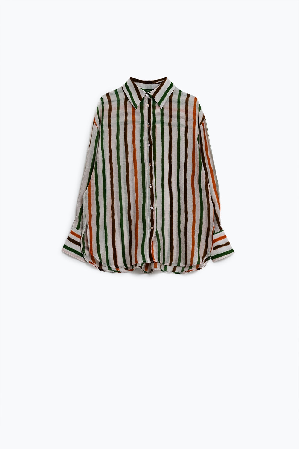camisa de manga comprida em chiffon com riscas multicoloridas verde e castanho