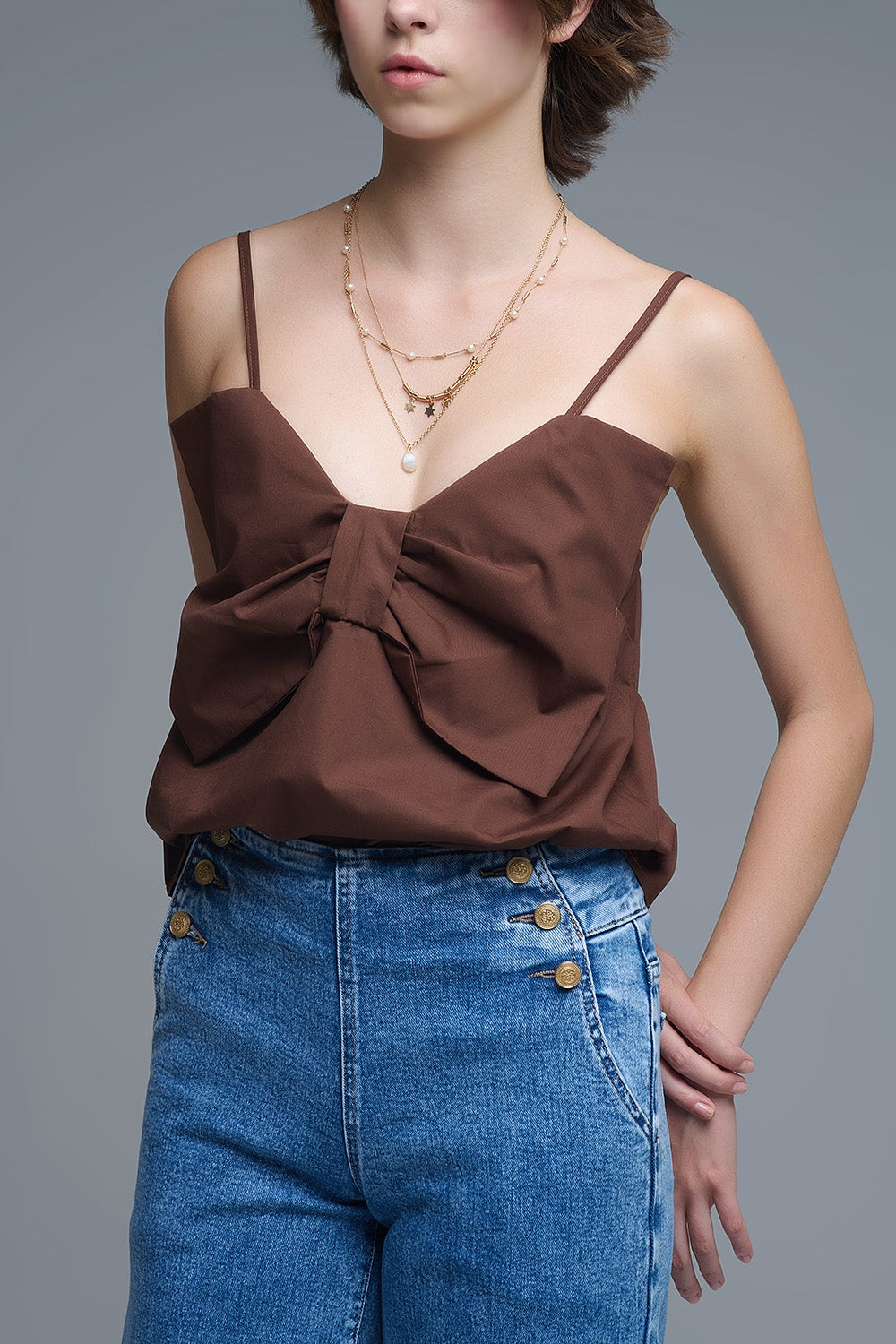 Chocolate Brown poplin crop top with bow detail
