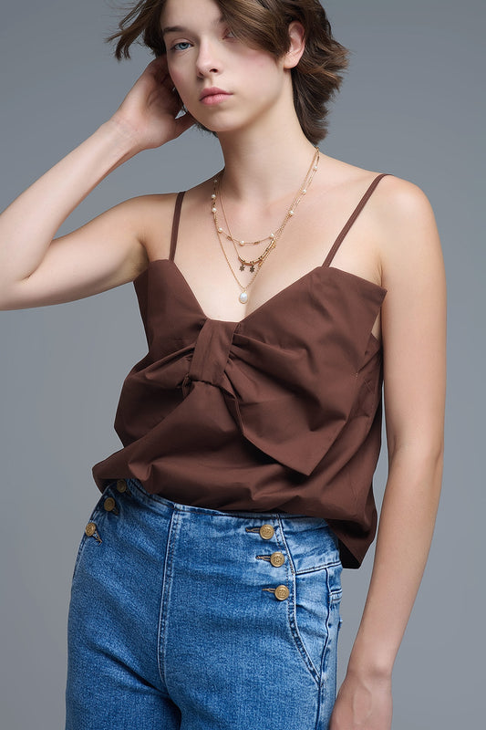 Q2 Chocolate Brown poplin crop top with bow detail