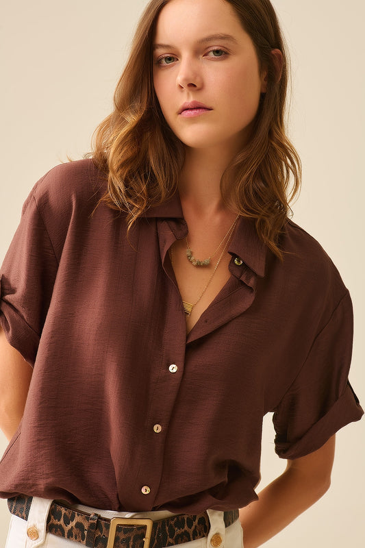Q2 Chocolate Brown shirt with short sleeves and pleat on the sleeve